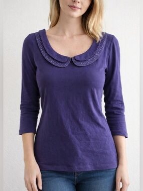 Boden Purple Peter Pan Collar Top – Silk Trim Detail